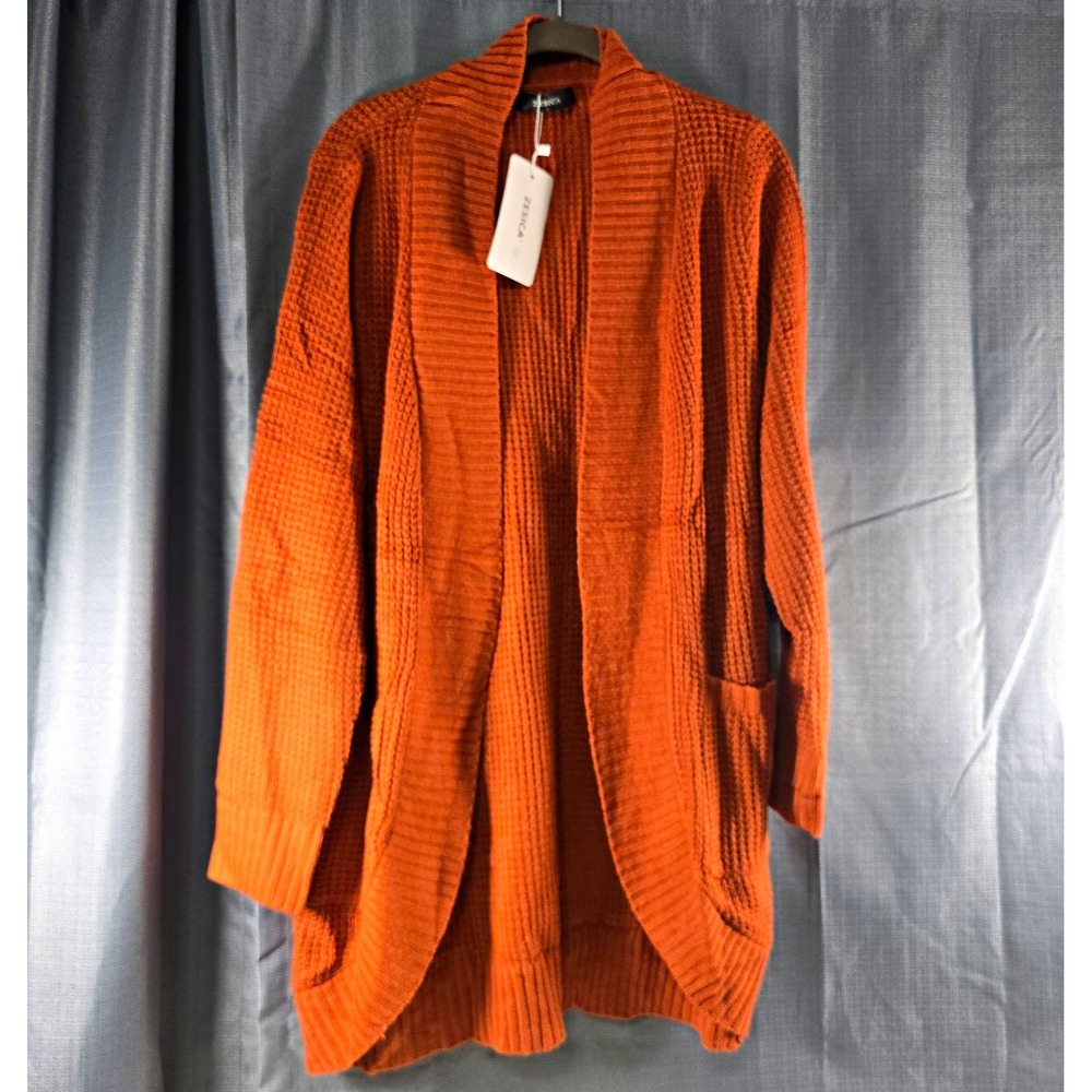 ZESICA Women's L Orange Waffle-Knit Shawl Collar Pocket Cardigan Sweater